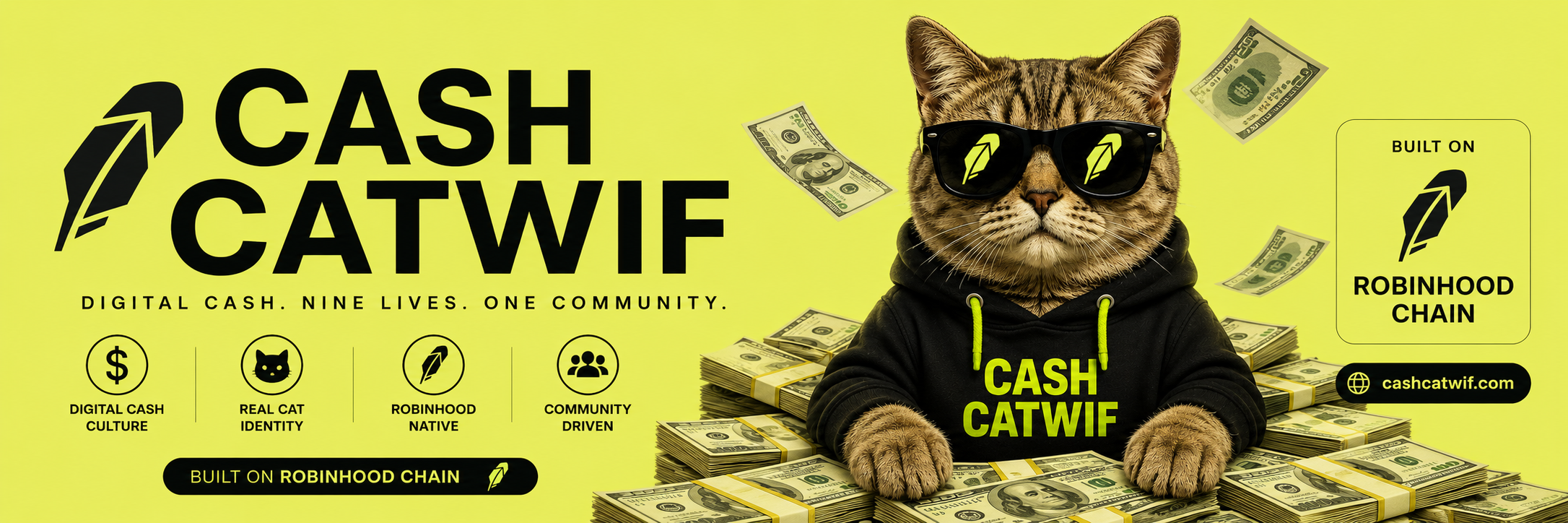 cashcatwif CASHCAT banner with cat, money, Robinhood Chain branding